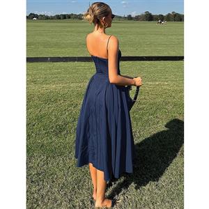 Navy Blue Sweetheart Neckline Midi Dress - Strapless A-Line Formal Dress with Side Pockets N23784