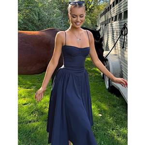 Navy Blue Sweetheart Neckline Midi Dress - Strapless A-Line Formal Dress with Side Pockets N23784