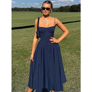 Navy Blue Sweetheart Neckline Midi Dress - Strapless A-Line Formal Dress with Side Pockets N23784