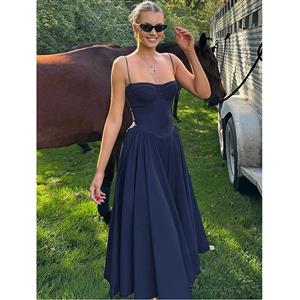 Navy Blue Sweetheart Neckline Midi Dress - Strapless A-Line Formal Dress with Side Pockets N23784