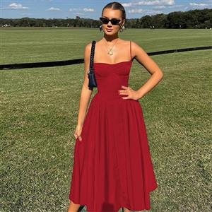 Women's Red Strapless Corset Midi Dress - Elegant Pleated Skirt with Hidden Pockets N23785