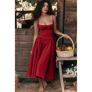 Women's Red Strapless Corset Midi Dress - Elegant Pleated Skirt with Hidden Pockets N23785