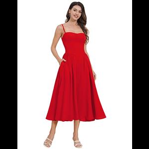 Women's Red Strapless Corset Midi Dress - Elegant Pleated Skirt with Hidden Pockets N23785