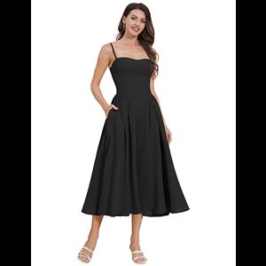 black strapless dress, sweetheart neckline dress, midi length dress, A-line skirt dress, dress with pockets, elegant evening dress, wedding guest dress, cocktail party dress, stretchy formal dress, versatile occasion wear #N23786