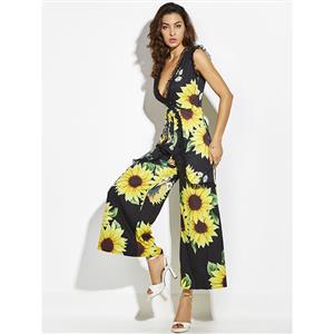 Hot Summer Deep V Pleated Patchwork Sunflower Print Wide Legs Jumpsuit N14400