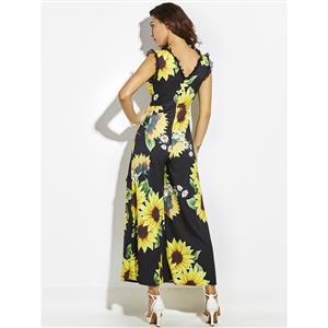 Hot Summer Deep V Pleated Patchwork Sunflower Print Wide Legs Jumpsuit N14400