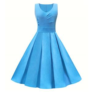 Sleeveless V Neck Party Dress, Vintage Party Dress, Vintage Sleeveless Swing Dresses, A-line Cocktail Party Swing Dresses, Retro Blue Dress, Elegant Lace-Up Dress, Retro Sleeveless Blue Lace-Up Dress #N23486