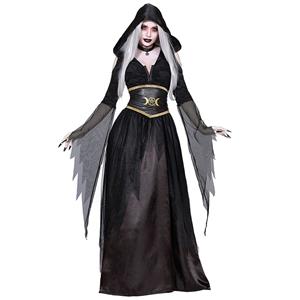 Gothic Black Vampire Hooded Long Gown Adult Devil Cosplay Halloween Costume N19544