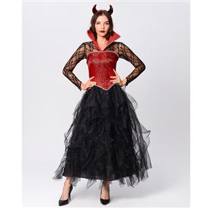 Gothic Devil Stand Collar Corset Sheer Lace and Mesh Long Gown Adult Vampire Costume N20164
