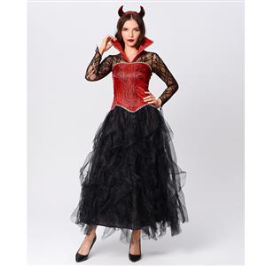 Gothic Devil Stand Collar Corset Sheer Lace and Mesh Long Gown Adult Vampire Costume N20164