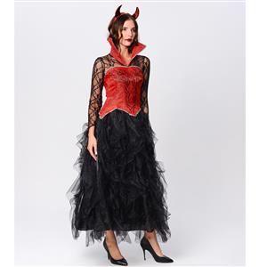 Gothic Devil Stand Collar Corset Sheer Lace and Mesh Long Gown Adult Vampire Costume N20164