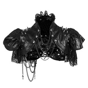 Gothic Black PU Leather Lace Cape Black Chain Steampunk Rivet and Cross Embellished Shrug N19017