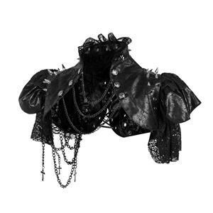 Gothic Black PU Leather Lace Cape Black Chain Steampunk Rivet and Cross Embellished Shrug N19017