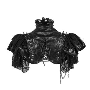 Gothic Black PU Leather Lace Cape Black Chain Steampunk Rivet and Cross Embellished Shrug N19017