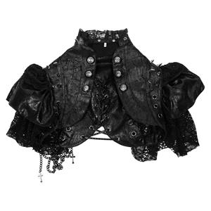 Gothic Black PU Leather Lace Cape Black Chain Steampunk Rivet and Cross Embellished Shrug N19017