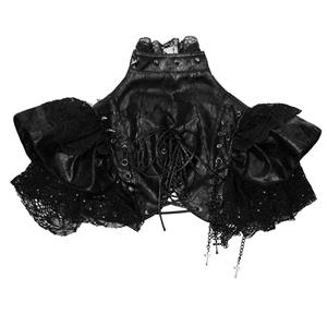 Gothic Black PU Leather Lace Cape Black Chain Steampunk Rivet and Cross Embellished Shrug N19017