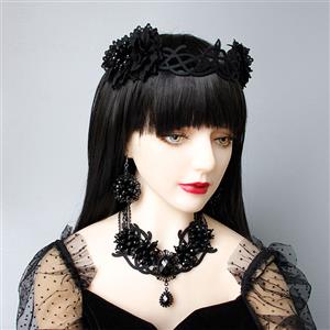 Victorian Gothic Black Gem Pendant Choker See-through Lace Party Necklace J20106