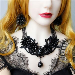 Victorian Gothic Black Gem Pendant Choker See-through Lace Party Necklace J20106