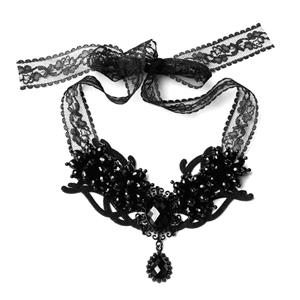 Victorian Gothic Black Gem Pendant Choker See-through Lace Party Necklace J20106