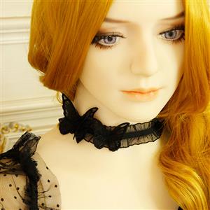 Victorian Gothic Black Sheer Ruffle Choker with Butterfly Necklace Accessory J19194