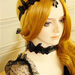 Victorian Gothic Black Sheer Ruffle Choker with Butterfly Necklace Accessory J19194