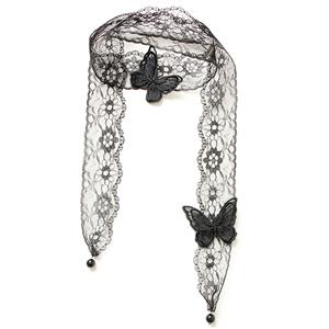 Victorian Gothic Black Sheer Floral Lace Butterfly and Pearl Tying Necklace Accessory J19193