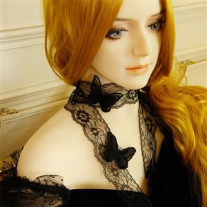 Victorian Gothic Black Sheer Floral Lace Butterfly and Pearl Tying Necklace Accessory J19193