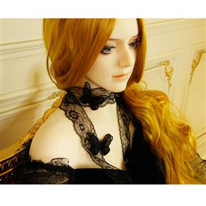 Victorian Gothic Black Sheer Floral Lace Butterfly and Pearl Tying Necklace Accessory J19193