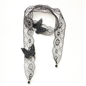 Victorian Gothic Black Sheer Floral Lace Butterfly and Pearl Tying Necklace Accessory J19193