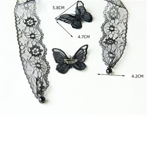 Victorian Gothic Black Sheer Floral Lace Butterfly and Pearl Tying Necklace Accessory J19193