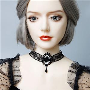 Victorian Gothic Black Sheer Lace Choker with Badge Bead Pendant Necklace J19696