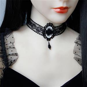 Victorian Gothic Black Sheer Lace Choker with Badge Bead Pendant Necklace J19696