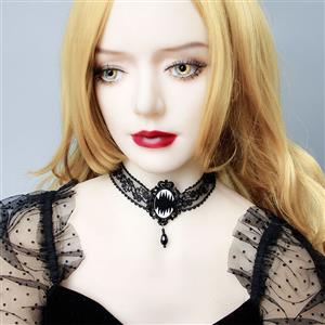 Victorian Gothic Black Sheer Lace Choker with Badge Bead Pendant Necklace J19696