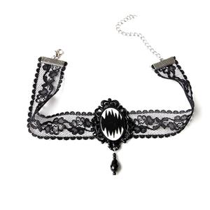 Victorian Gothic Black Sheer Lace Choker with Badge Bead Pendant Necklace J19696