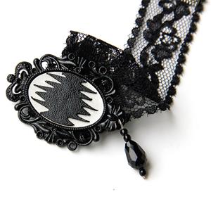 Victorian Gothic Black Sheer Lace Choker with Badge Bead Pendant Necklace J19696