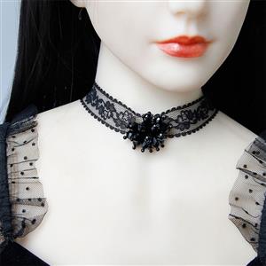 Victorian Gothic Black Sheer Lace Choker Beads Embellished Necklace J19698