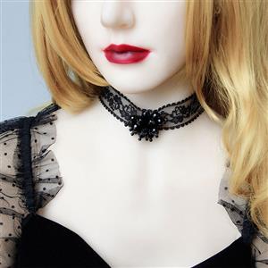 Victorian Gothic Black Sheer Lace Choker Beads Embellished Necklace J19698