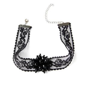 Victorian Gothic Black Sheer Lace Choker Beads Embellished Necklace J19698