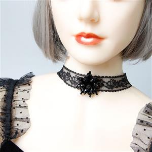 Victorian Gothic Black Sheer Lace Choker Beads Embellished Necklace J19698