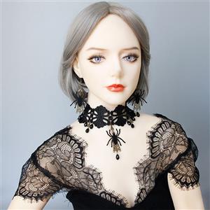 Victorian Gothic Black Spider Floral Lace Choker with Beads Pendant Necklace J19695