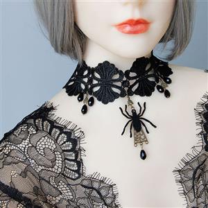 Victorian Gothic Black Spider Floral Lace Choker with Beads Pendant Necklace J19695