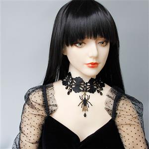 Victorian Gothic Black Spider Floral Lace Choker with Beads Pendant Necklace J19695