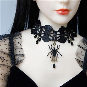 Victorian Gothic Black Spider Floral Lace Choker with Beads Pendant Necklace J19695