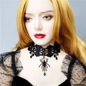 Victorian Gothic Black Spider Floral Lace Choker with Beads Pendant Necklace J19695