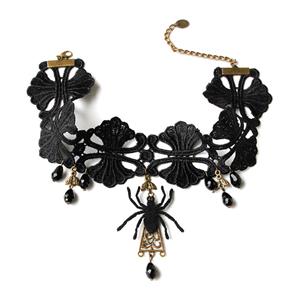 Victorian Gothic Black Spider Floral Lace Choker with Beads Pendant Necklace J19695