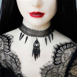 Victorian Gothic Black Sheer Lace Choker Beads Embellished Pendant Necklace J19988