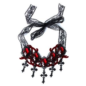 Victorian Gothic Ruby and Cross Pendant Choker See-through Lace Party Necklace J20105