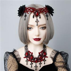 Victorian Gothic Ruby and Cross Pendant Choker See-through Lace Party Necklace J20105