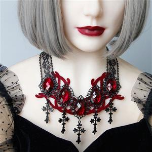 Victorian Gothic Ruby and Cross Pendant Choker See-through Lace Party Necklace J20105