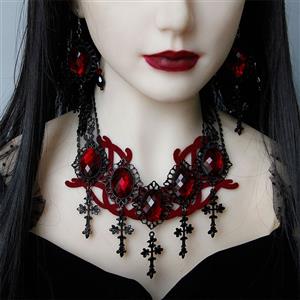 Victorian Gothic Ruby and Cross Pendant Choker See-through Lace Party Necklace J20105